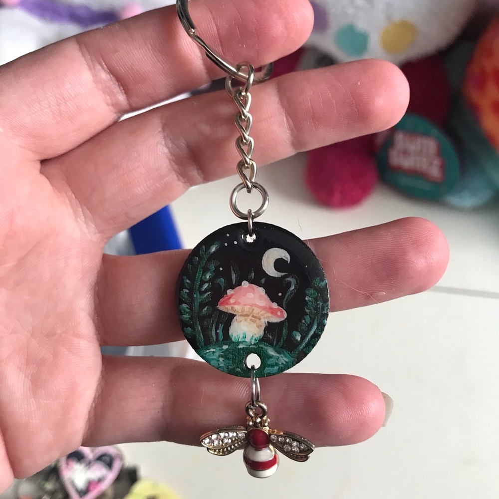 Handmade Pink Mushroom & Bee Keychain - Kids Accessories